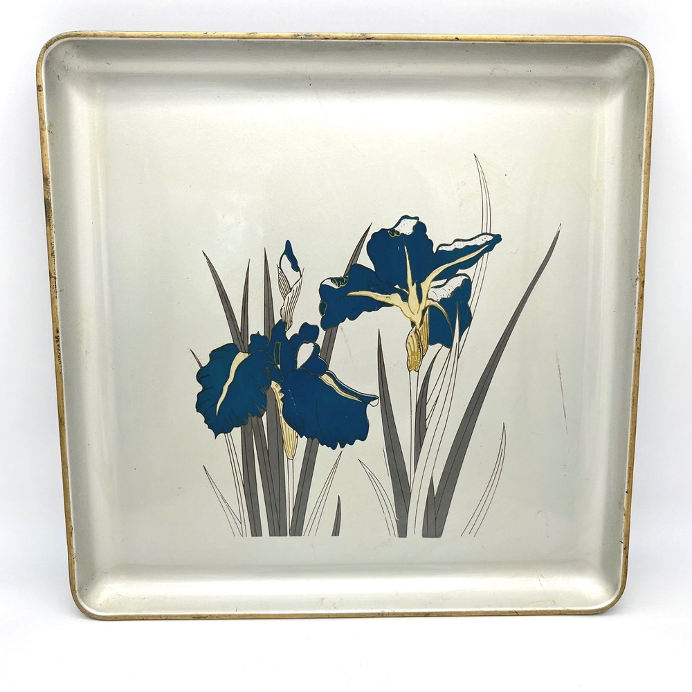 Vintage Otagiri Royal Kie Lacquerware Tray Blue Iris Floral Square 12 Inch Japan